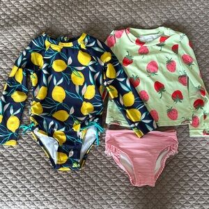 Carter's/ Cat & Jack Lemon & Strawberry long sleeve Rash guard Swim Set Lot 2T